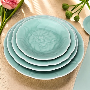 流转千年青瓷牡丹菜盘7寸中式 餐具陶瓷圆形盘子醋碟家用餐盘碟子
