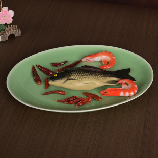 陶瓷椭圆菜盘微波炉蒸鱼盘 精品家用青瓷餐具光板大鱼盘创意个性