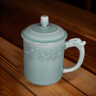 新品精品青瓷特大号茶杯陶瓷带盖办公老板杯浮雕龙杯大容量泡茶杯