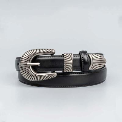 PAPR真皮法式潮搭银色复古雕花针扣皮带金属头百搭牛仔裤腰带女