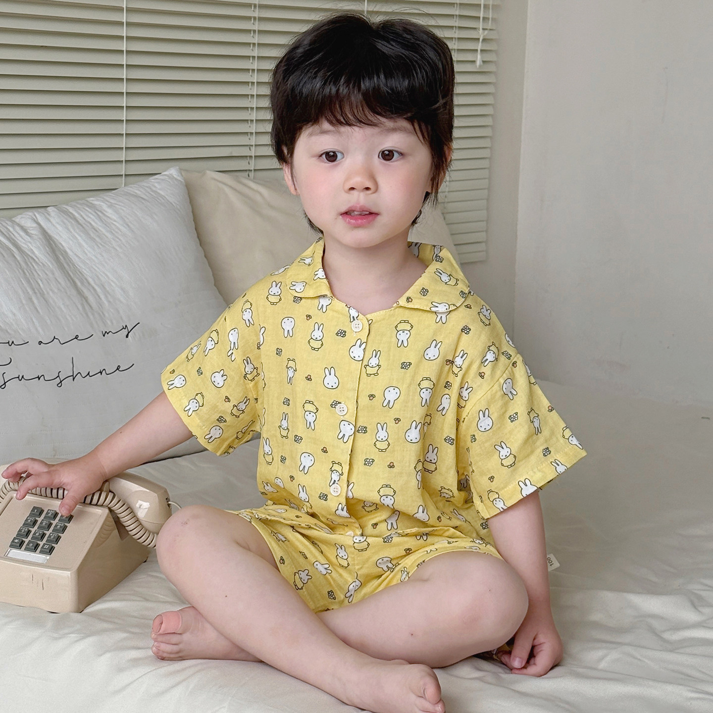 夏季全棉纱布儿童睡衣薄款开衫男女童亲子家居服兔子翻领短袖套装