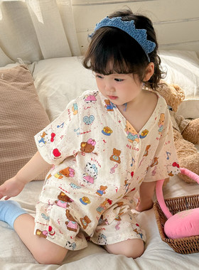 女童纱布睡衣套装卡通A类纯棉薄款小孩夏季可爱儿童短袖家居服V领