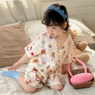 女童纱布睡衣套装卡通A类纯棉薄款小孩夏季可爱儿童短袖家居服V领