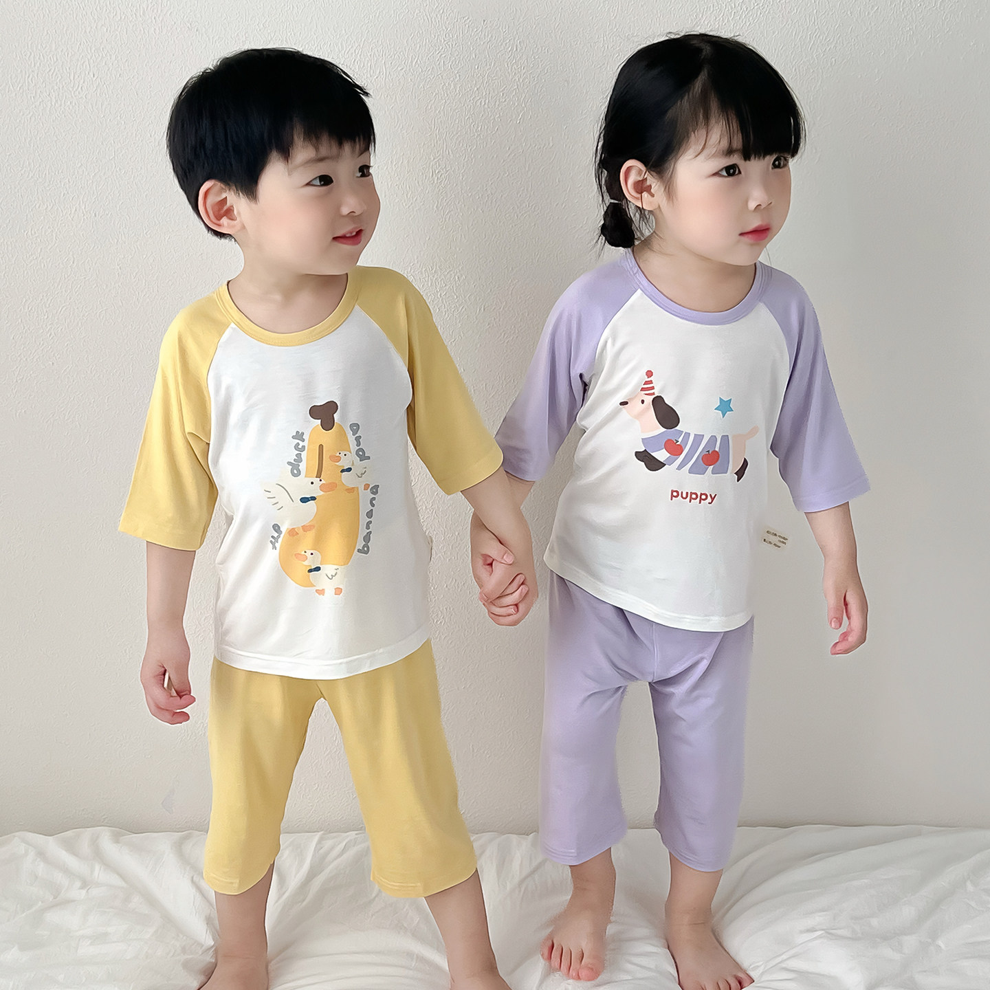 儿童中袖睡衣夏季薄款冰丝空调服半袖套装男童女宝卡通人棉家居服