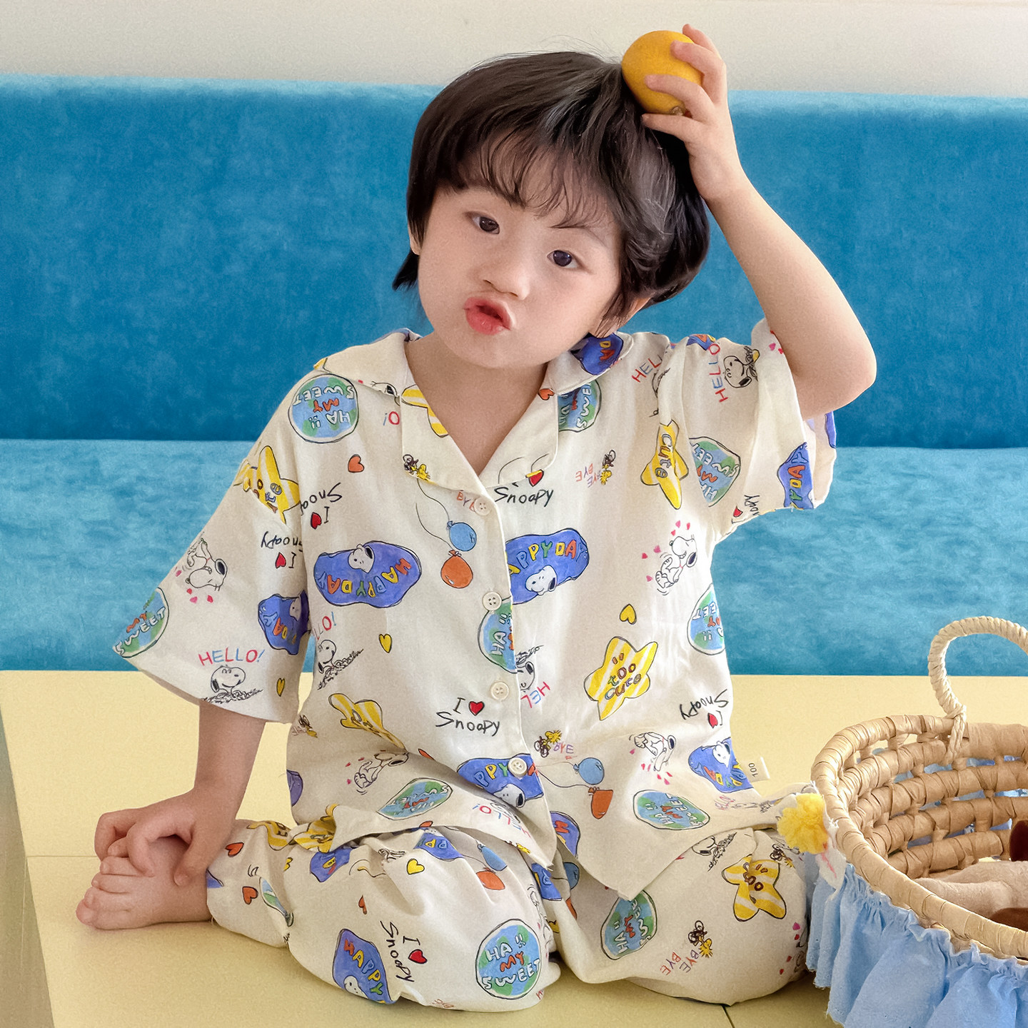 儿童睡衣薄款吸汗男童空调服开衫夏季女童家居服棉麻纱布短袖长裤