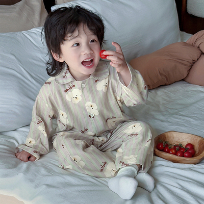 韩系儿童翻领家居服卡通纯棉套装