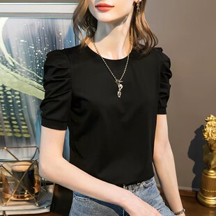 黑色短袖t恤女夏2026新款法式泡泡袖高级感轻奢纯棉体恤爆款上衣