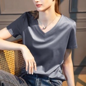 体恤 半袖 高端液氨80支冰丝光棉纯棉v领宽松短袖 女t恤正肩2026夏季