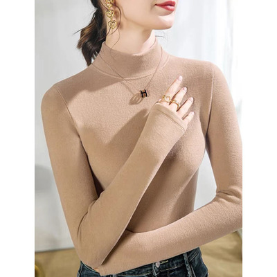 双面德绒中领打底衫女秋冬2025新款春秋款内搭加绒加厚半高领上衣