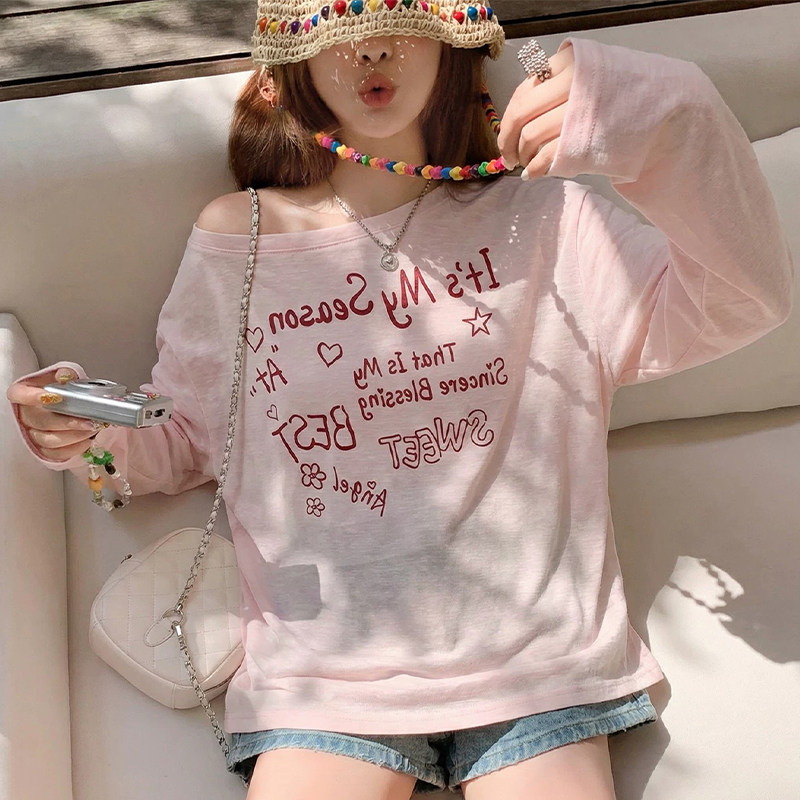 韩系露肩粉色防晒罩衫长袖t恤女2026夏季新款设计感薄款微透上衣