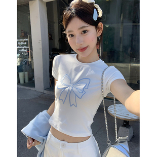 纯棉高腰短款 法式 新款 正肩蝴蝶结印花短袖 圆领上衣 t恤女2025夏季