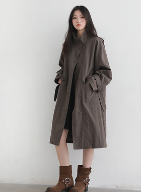 知意皱感锦棉廓形工装风衣外套女2025春秋简约休闲立领中长款大衣