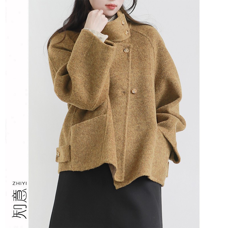 羊毛短款复古小立领毛呢大衣