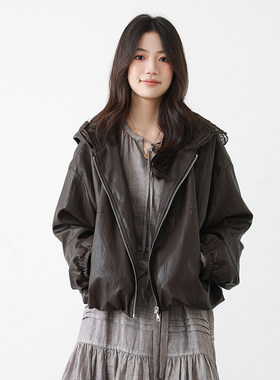 PU蛋白皮连帽皮衣夹克女