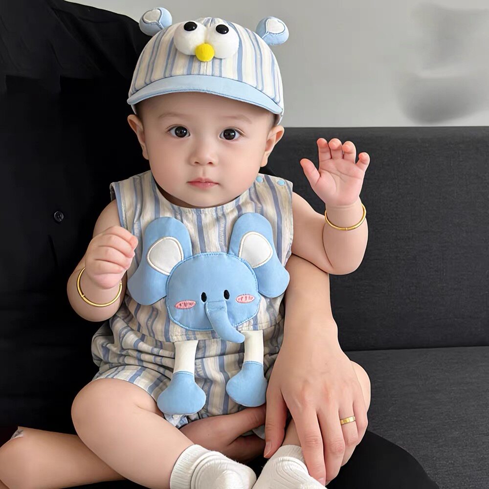 婴儿连体衣夏季薄款宝宝大象哈衣无袖爬服超萌夏装衣服卡通外出服
