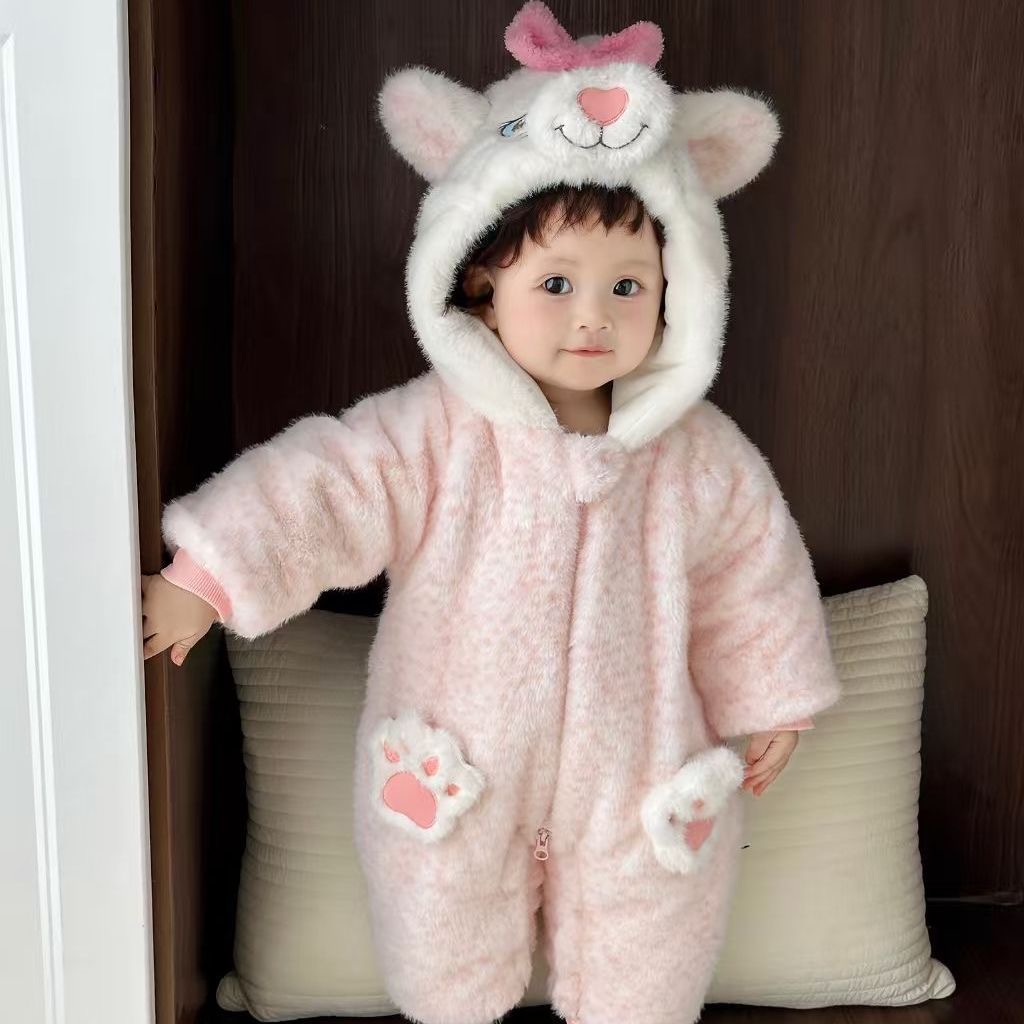 冬季婴儿连体衣厚夹棉外出抱服女宝小月龄棉袄可爱超萌毛绒衣服三