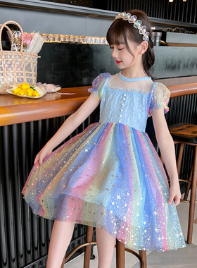 女童连衣裙夏款2025新款儿童彩虹星空纱裙公主裙女孩夏季裙子夏装