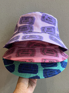 潮牌春夏双面渔夫帽女韩版百搭显脸小紫色盆帽男日系遮阳防晒帽子