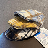 日系ins复古蓝色大格子前进帽子女秋冬毛呢格纹英伦反戴画家帽男