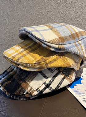 日系ins复古蓝色大格子前进帽子女秋冬毛呢格纹英伦反戴画家帽男