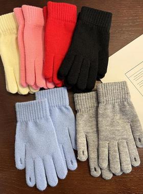 ins韩版浅蓝色露指触碰针织毛线手套冬季保暖抗冻五指骑行玩手机