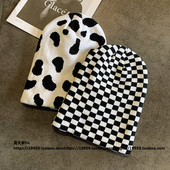 黑白棋盘格针织帽子2021年秋冬新款 保暖潮流街头百搭ins套头冷帽