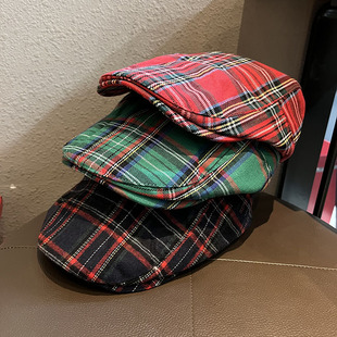 日系复古红色格子前进帽女春夏百搭反戴鸭舌帽港风街头画家贝雷帽