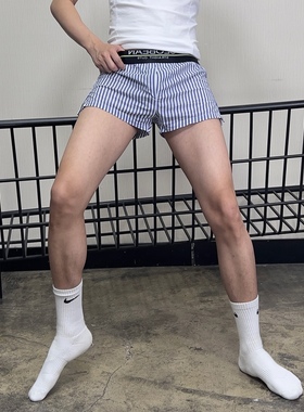 青叔 80503男士竖条纹小单间休闲性感U凸囊袋阿罗裤棉质居家短裤