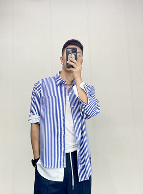 青叔5055单侧假两件条纹蓝色休闲宽松设计师男款衬衣衬衫男士长袖