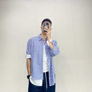 长袖 男士 衬衣衬衫 青叔5055单侧假两件条纹蓝色休闲宽松设计师男款