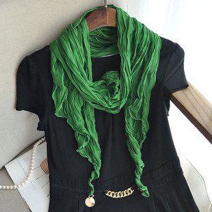 长条单吊坠天丝丝巾女纯色长条高端新款时尚百搭绿色围脖丝巾薄款