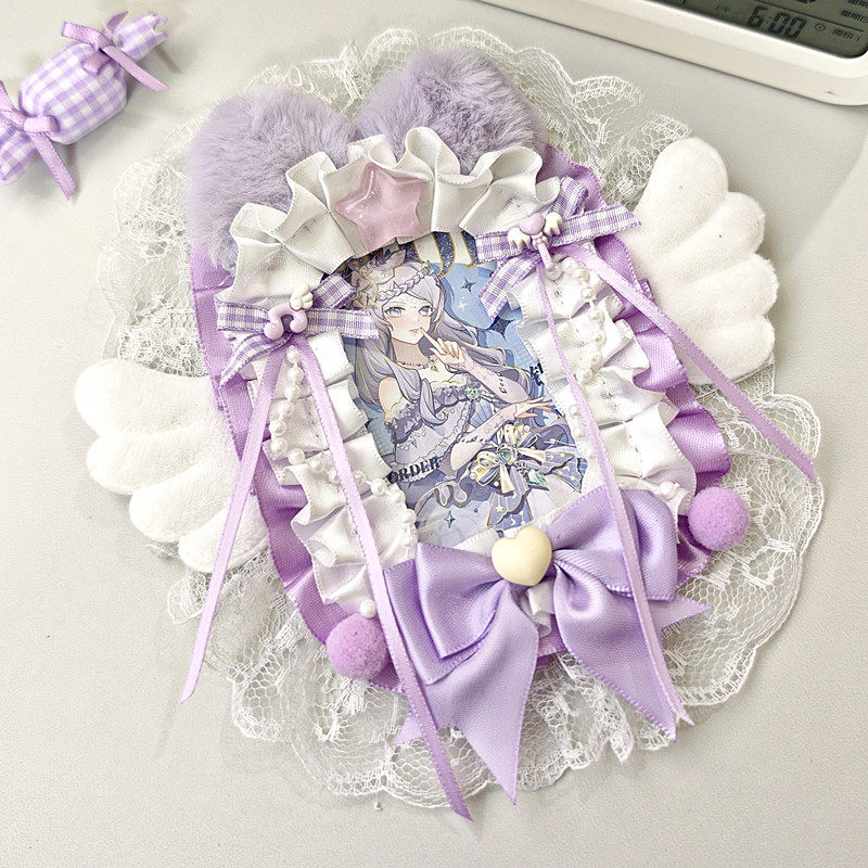 Lace card holder, original design, adorable angel plush DIY bag charm with cute wings and lace trim.