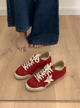牛皮版~真皮复古做旧星星红色板鞋女2026新款百搭休闲运动德训鞋