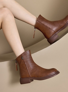 马丁靴女真皮2026年秋冬新款英伦风平底复古软皮后拉链切尔西短靴