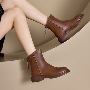 马丁靴女真皮2025年秋冬新款 英伦风平底复古软皮后拉链切尔西短靴