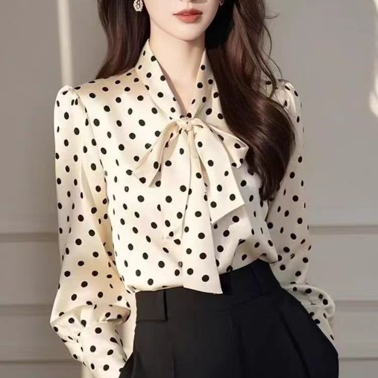 法式风飘带波点雪纺衬衫女款春季高级感通勤女士衬衣别致漂亮上衣