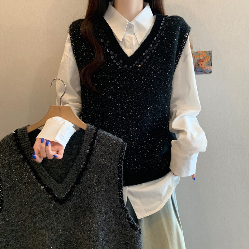 实拍大码女装胖M时尚V领亮片针织马甲气质中长款白衬衫显瘦两件套