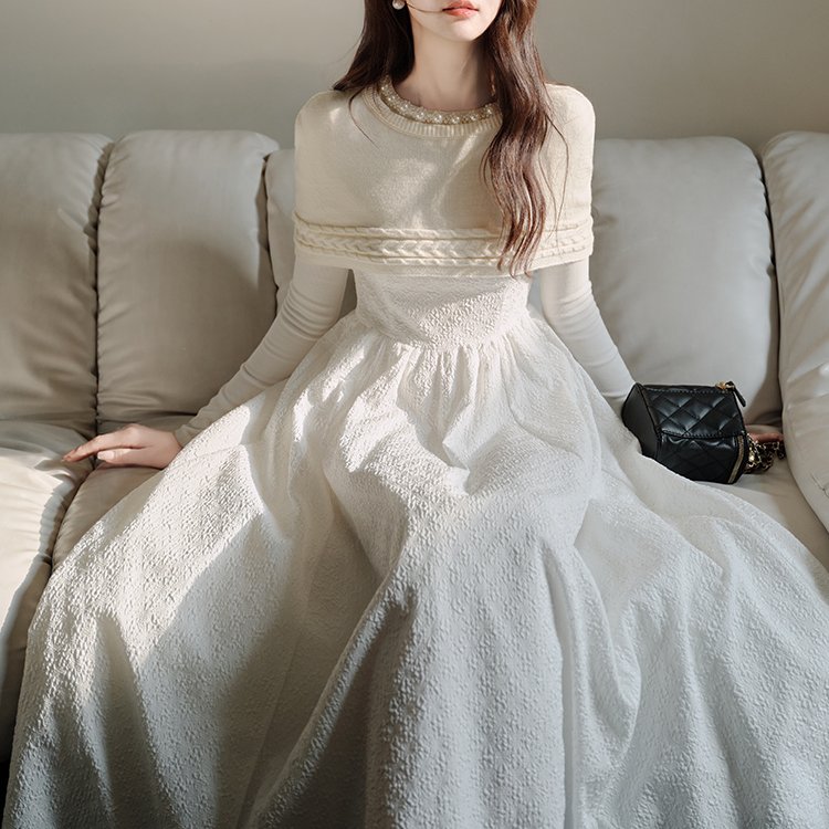 重工千金披肩小礼服针织拼接纱裙白色连衣裙