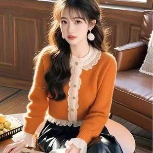 今年流行高级感花边拼接超好看减龄显白橙色洋里洋气毛衣