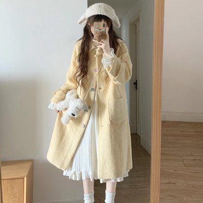 毛呢小个子大衣女冬季新款学院风复古蝴蝶结翻领加厚中长款外套女