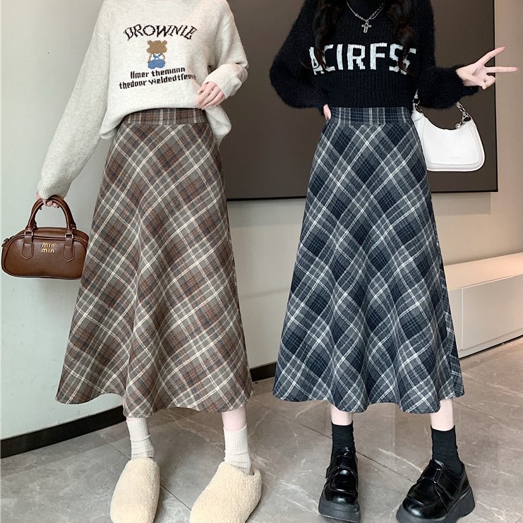 实拍大码胖MM冬季韩版毛呢高腰长裙chi格子中长半身裙女