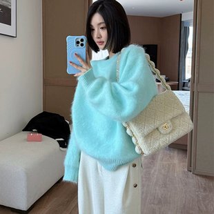 2025秋冬流行针织衫 奶fufu软糯慵懒风马海毛上衣超好看蓝色毛衣女
