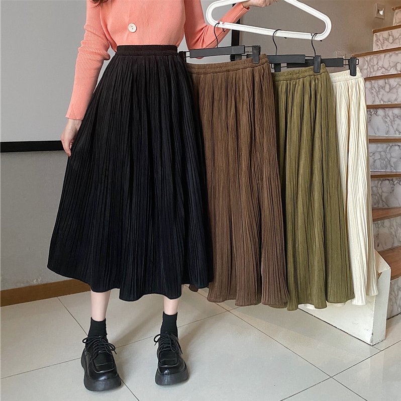 实拍~大码胖MM韩版秋冬丝绒百褶半身裙高腰显瘦百搭A字中长裙