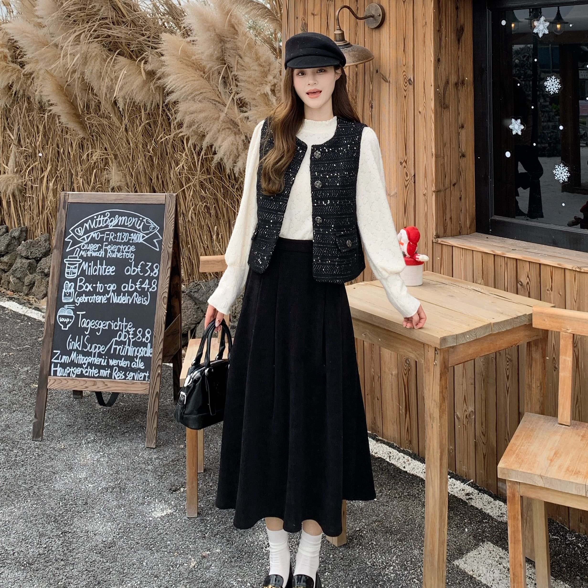 大码女装小香风珠片刺绣重工马甲外套蕾丝上衣灯芯绒半身裙三件套