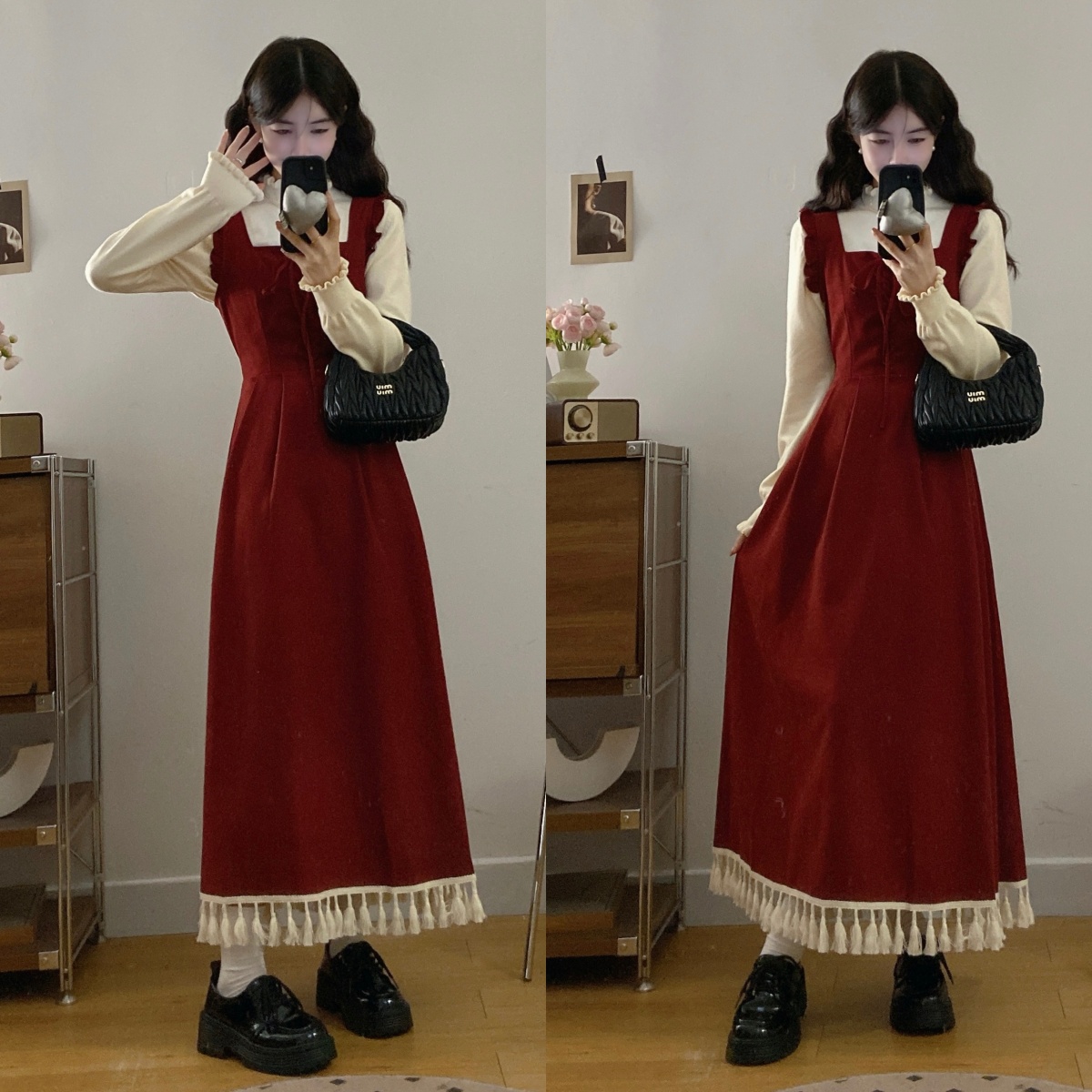 实拍  冬季新款法式复古气质红色流苏背带显瘦连衣裙打底衫两件套