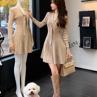 小香风超好看少女感V领系带针织连衣裙秋冬修身 收腰气质毛衣裙子
