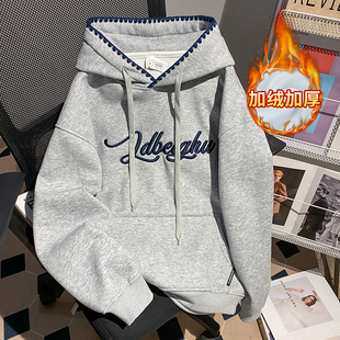 上衣女装 实拍纯棉华棉复合真超加绒秋冬新款 刺绣宽松连帽韩版