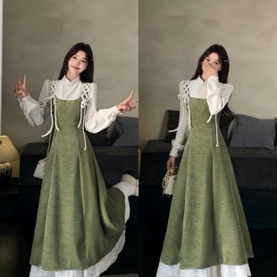 设计感别致显瘦裙子 复古超好看假两件连衣裙女秋冬新款 实拍 法式