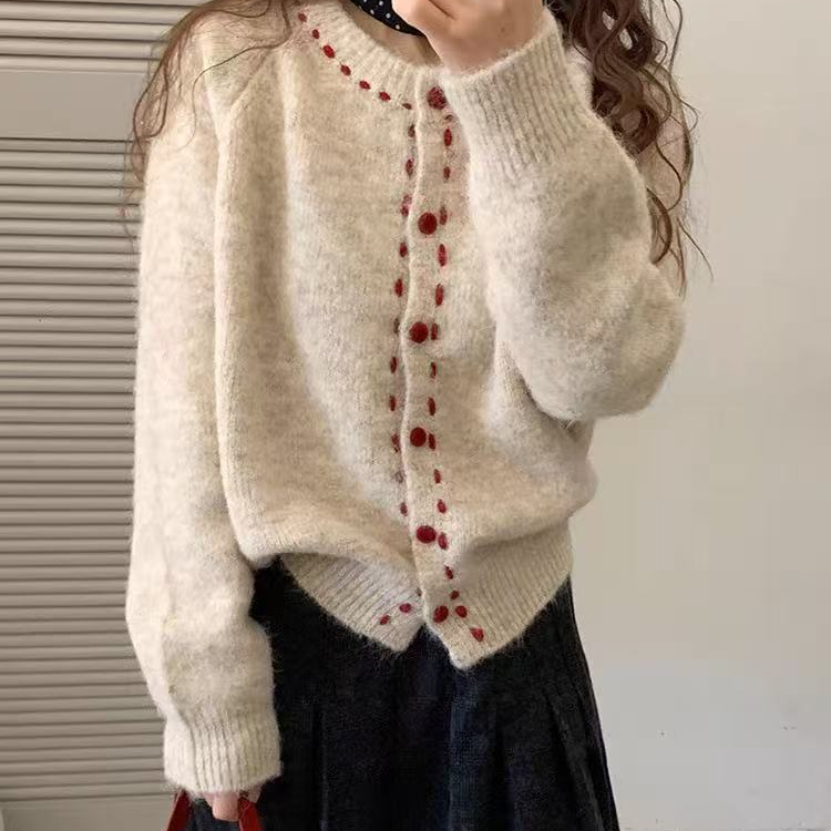 杏色小狗加厚圆领针织开衫女秋冬2025新款设计感外穿软糯毛衣外套