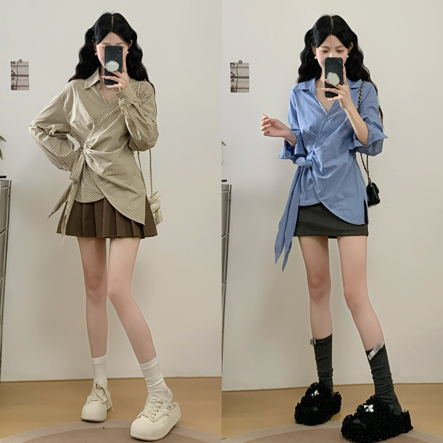 实拍~秋季新款法式翻领绑带收腰显瘦条纹长袖大码衬衫上衣女